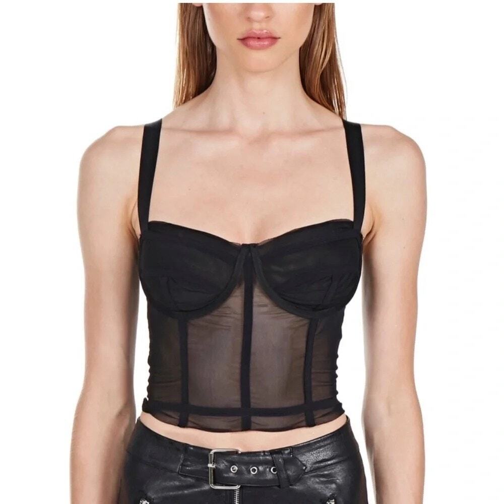 Danielle Guizio Sheer Mesh Corset Top Y2K Bustier Womens S Black Indie Sleaze